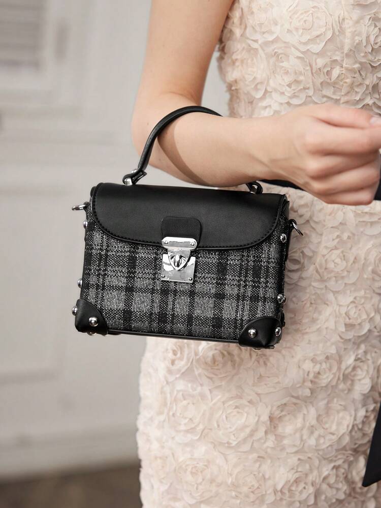 BOLSA CARTEIRA DE PUNHO VINTAGE VERSÁTIL E DA MODA COM PLACA QUADRICULADA IMPRESSA EM COURO PU, COM FECHO GIRATÓRIO, PARA MULHERES