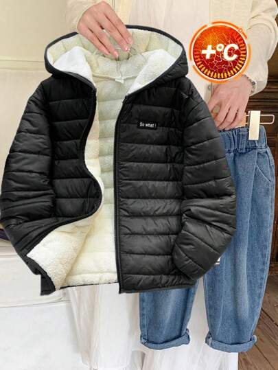 SHEIN Abrigo cálido con capucha y cremallera frontal de manga larga informal para niños preadolescentes, adecuado para ir y venir, la escuela, el uso casual diario, las vacaciones, los deportes y las temporadas de otoño/invierno, color negro