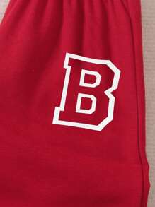 SHEIN Genkimix Kids 2 件套年轻男孩休闲套装，黑色针织上衣，白色袖子，大字母“A”印花，配套印花运动裤，罗纹领、袖口和下摆，松紧腰部穿着舒适，适合春/秋季休闲装、运动、上学、旅行 - 酒紅色 - 查看 3