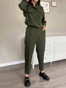 INAWLY Conjunto de 2 piezas para mujeres: Blusa de botones de manga larga con hombros caídos y pantalones de un solo color, conjunto informal de otoño