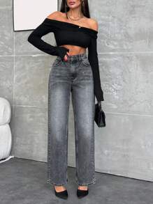 SHEIN Cottnline HIGH RISE STRAIGHT GREY JEAN WITH DIAMOND - Grey - View 5