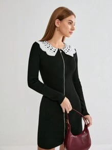 Enchnt 女士蕾丝拼布拉链开合优雅长袖毛衣连衣裙 - 黑色 - 查看 6