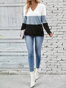 SHEIN LUNE Women Casual Colorblock Long Sleeve T-Shirt, Autumn - Baby Blue - View 4