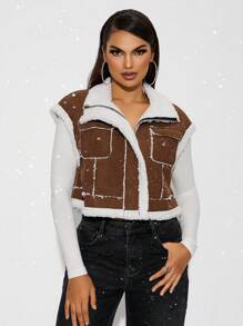 SHEIN SXY Veste sans manches en polaire épaisse de couleur marron foncé Maillard pour l'automne et l'hiver