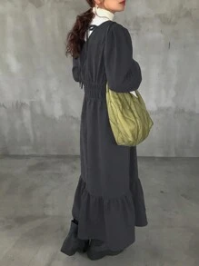FRIFUL Vestido largo informal de mujer de unicolor con lazo de atar y volantes en el bajo, otoño