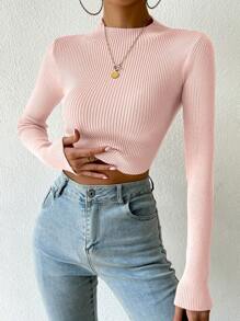 Chiquease Suéter corto ajustado de manga larga con cuello alto para mujer, de unicolor, para otoño/invierno