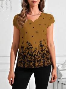 SHEIN Clasi Retro Ruffled Collar Floral Print Short Sleeve Blouse - Camel - View 3