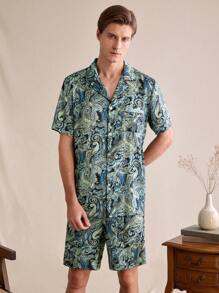 EverLounge Conjunto de pijama para hombre con Top de manga corta con cuello de banda y estampado de Paisley y pantalones cortos de una sola botonadura - Multicolor - Ver 6