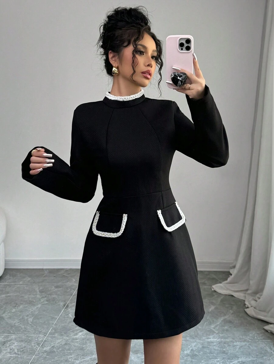 Selianne Mid To High Neck Short Pearl Decor Flap Pocket Dress Fall Cloth For Women - Black and White - View 1