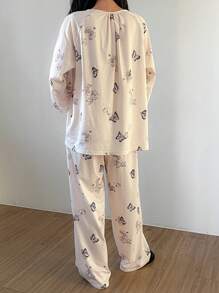 DAZY Butterfly Print Pleated Lantern Sleeve Loose Long Sleeve Pajama Set Fall,Winter - Beige - View 2