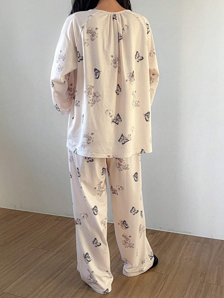 Butterfly Print Pleated Lantern Sleeve Loose Long Sleeve Pajama Set Fall,Winter