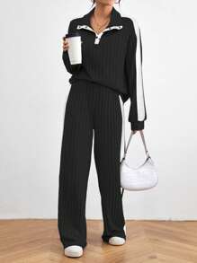 Chiquease 2pcs Women's Simple Casual Long Sleeve Top And Pants Set, Fashionable For Daily Wear Fall Cloth For Women - Black - View 4