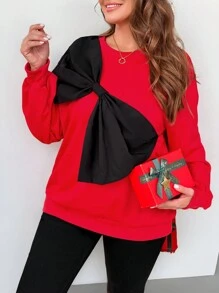 SHEIN Privé 大码女式 3D 蝴蝶结圣诞运动衫，红色配黑色蝴蝶结，节日氛围礼物 - 紅色 - 查看 6