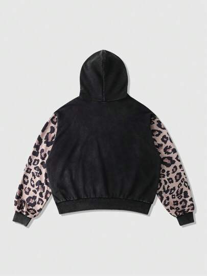 Street Life Sudadera con capucha de forro polar de ajuste holgado con estampado de leopardo y parches para hombres, ideal para otoño/invierno