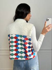 Forever 21 Chaleco de borregos con estampado de bloque de color y patchwork, informal, para otoño/invierno - Albaricoque - Ver 2