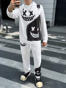 Manfinity VCAY Men's Knitted Fashion Casual Loose Long Sleeve Sweatshirt And Drawstring Waist Straight Leg Pants 2 Pieces Set, For Fall Winter - White - View 1