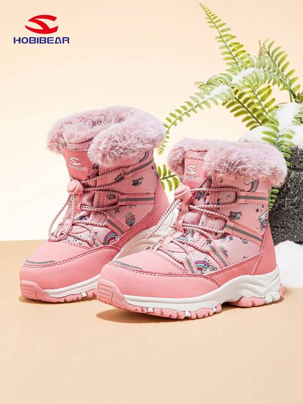 1 Pair Children's Winter Snow Boots, Thick Non-Slip Waterproof Boots With Thermal Lined, Warm Outdoor Walking Shoes For Girls, Pink Mid-Calf