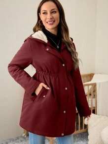 SHEIN Maternity Hooded Jacket/Coat, Fuzzy Button Solid Color Jacket For Pregnant Women, Autumn/Winter - Burgundy - View 3