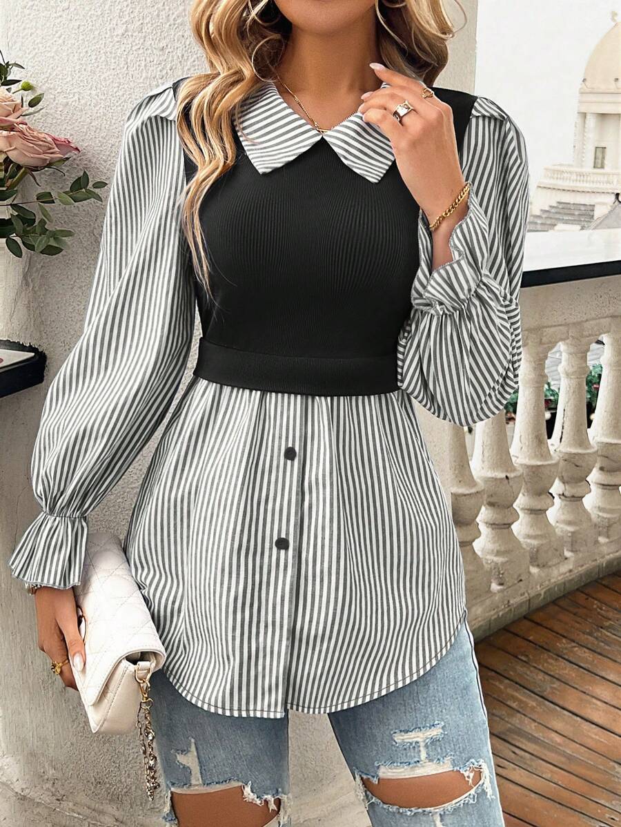 SHEIN Clasi Striped Print Flounce Sleeve 2 In 1 Top - Black - View 1