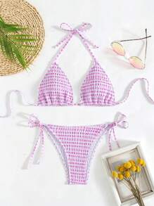 Swim Mod Summer Beach Striped Bikini Set Smocked Triangle Bra & Thong Bottom 2 Piece Bathing Suit