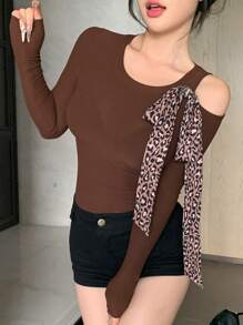 DAZY Women Leopard Print Patchwork Tied Cutout Shoulder Form Fitting Knit Top Cheetah Print Long Sleeve Women Tops - Coffee Brown - View 1