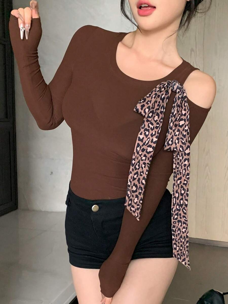 DAZY Women Leopard Print Patchwork Tied Cutout Shoulder Form Fitting Knit Top Cheetah Print Long Sleeve Women Tops - Coffee Brown - View 1
