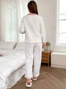 Dream Adore Pocket Bowknot Tulip Embroidery Contrast Trim Long Sleeve Pajama Set For Women