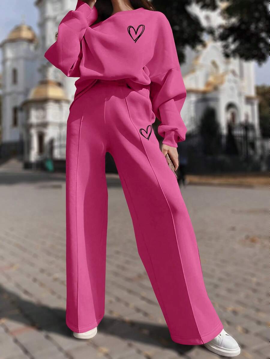 INAWLY 2pcs/Set Women Solid Color Heart Print Long Sleeve Top And Pants Set Fall Cloth For Women - Hot Pink - View 1