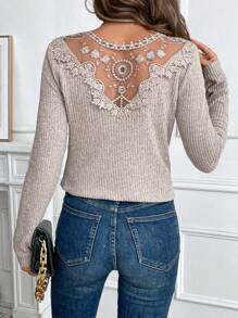 INAWLY Damen V-Ausschnitt Langarm Kontrast Stickerei Mesh Spitze Rücken Schleife T-Shirt, vielseitiger lässiger Modestil für Frühling Herbst Kleidung für Frauen - Khaki - Übersicht 5