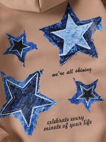 SHEIN Girls Casual Star Print Hooded Knit Sweatshirt, Autumn - Khaki - View 3