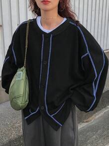 FRIFUL Women's Contrast Color Trim Front Button Casual Versatile Long Sleeve Sweatshirt,Fall Clothes - Blue - View 3