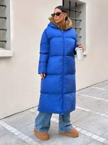 SHEIN Cottnline Women Front Zipper Long Sleeve Pocket Minimalist Faux Fur Patchwork Hooded Jacket - Teal Blue - View 5