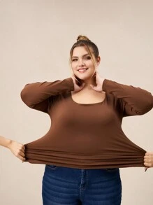 SHEIN BASICS Casual Solid Color Knit Crew Neck Long Sleeve Slim Fit Plus Size T-Shirt