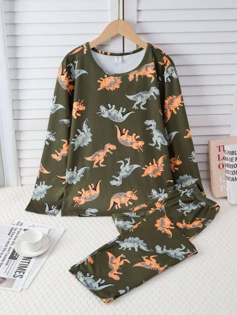 2pcs Teenager Boys Casual Loungewear Set - Dinosaur Print Olive Green Flame Retardant Milk Silk Long Pants & Long Sleeve Top