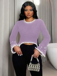 Zolique Women's Elegant Ruffle Beaded Ribbed Cropped Sweater, Long Flare Sleeve Crew Neck, Autumn/Winter Knit Pullover Fall - Purple - View 3