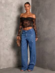SHEIN BAE Quần Jeans Ống Thẳng Gợi Cảm Cho Nữ, Quần Lấp Lánh Cho Nữ, Quần Jeans Rộng Cho Nữ, Quần Jean Dự Tiệc Cho Nữ, Quần Dự Tiệc Giáng Sinh Cho Nữ, Quần Sequin, Quần Jeans Dự Tiệc Cho Nữ, Quần Dự Tiệc Giáng Sinh - Rửa tối - Xem 3