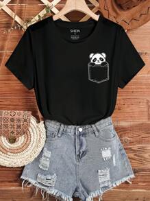 EMERY ROSE Cute Panda Print,Women's Top, Graphic Print Crew Neck T-Shirt With Pockets Graphic Tees Women Tops - Black - View 1