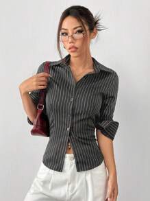 SHEIN EZwear 女士灰色编织条纹长袖单扣休闲衬衫 - 灰色 - 查看 6