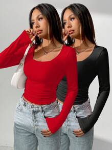 INAWLY 女士侧褶圆领修身长袖 T 恤 - 紅色 - 查看 5