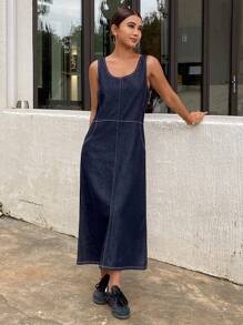 DAZY 女式无袖纯色圆领修身长口袋牛仔连衣裙，秋季服装