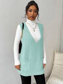 Chiquease Women's Solid Color V-Neck Sleeveless Sweater Vest With Pocket - Mint Green - View 5
