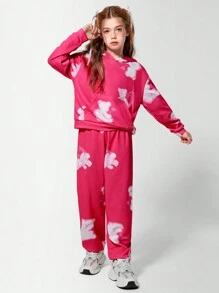 SHEIN 2pcs/Set Tween Girls Casual Loose Bear Print Hoodie Sweatshirt And Pants Set, Suitable For Daily, Commuting, Holiday, Streetwear, Gathering With Friends, Autumn/Winter - Black - View 3