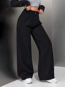 SHEIN PETITE Women's Simple Solid Color Versatile Casual Fashion Loose Denim Pants - Black - View 7