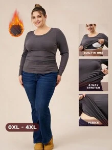 SHEIN BASICS 休闲纯色针织圆领长袖 T 恤，带侧褶，加大码 - 深灰色 - 查看 1