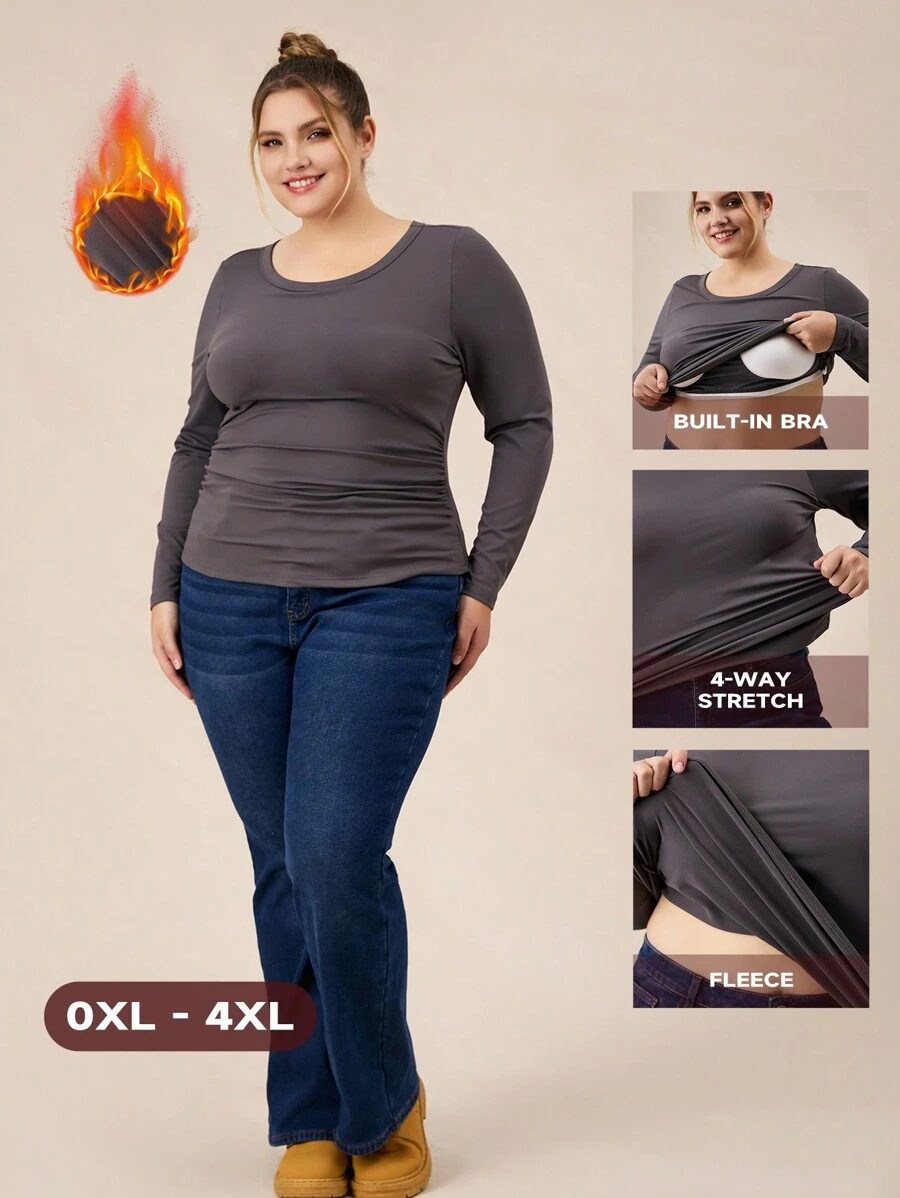 SHEIN BASICS 休闲纯色针织圆领长袖 T 恤，带侧褶，加大码 - 深灰色 - 查看 1