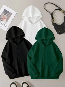INAWLY Solid Color Hooded Zip-Up Casual Long Sleeve Sweatshirt Pullover Fall Sweatshirt - Multicolor - View 1