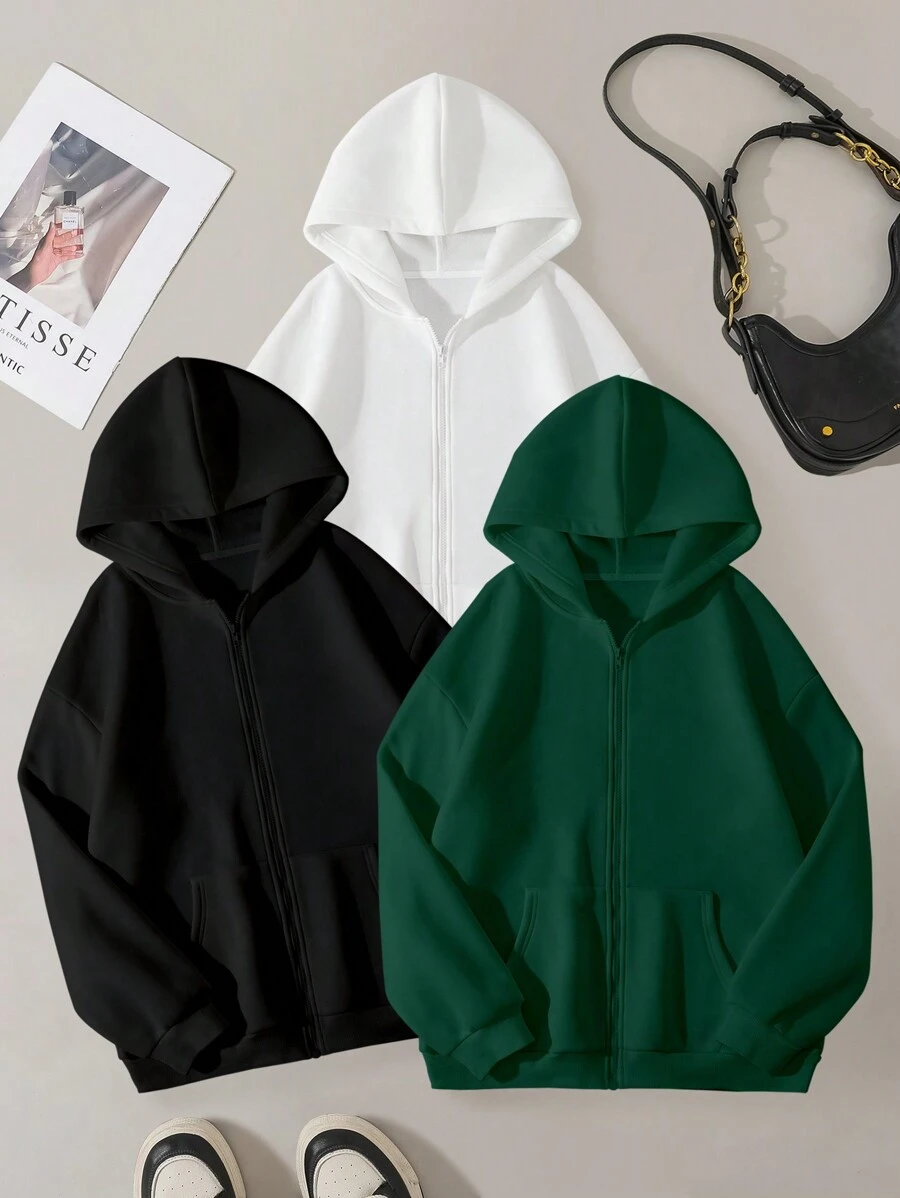 INAWLY Solid Color Hooded Zip-Up Casual Long Sleeve Sweatshirt Pullover Fall Sweatshirt - Multicolor - View 1
