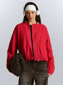 Aveloria GENKIRA Retro Baseball Jacket With Color Blocking Striped Rib Knit, Loose Fit Warm Ladies Bomber Coat  Fall Cloth For Women - Burgundy - View 4