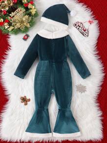 SHEIN Baby Girls' Winter New Velvet Turtleneck Long Sleeve Red Romper With Black Waist Ribbon Decoration, Slim Fit Flared Leg, Hidden Zipper Closure, Including A Christmas Pom Pom Hat As Gift
