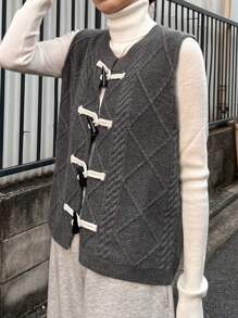 FRIFUL Women's Casual Horn Button Knitted Sweater Vest, Autumn/Winter - Grey - View 6